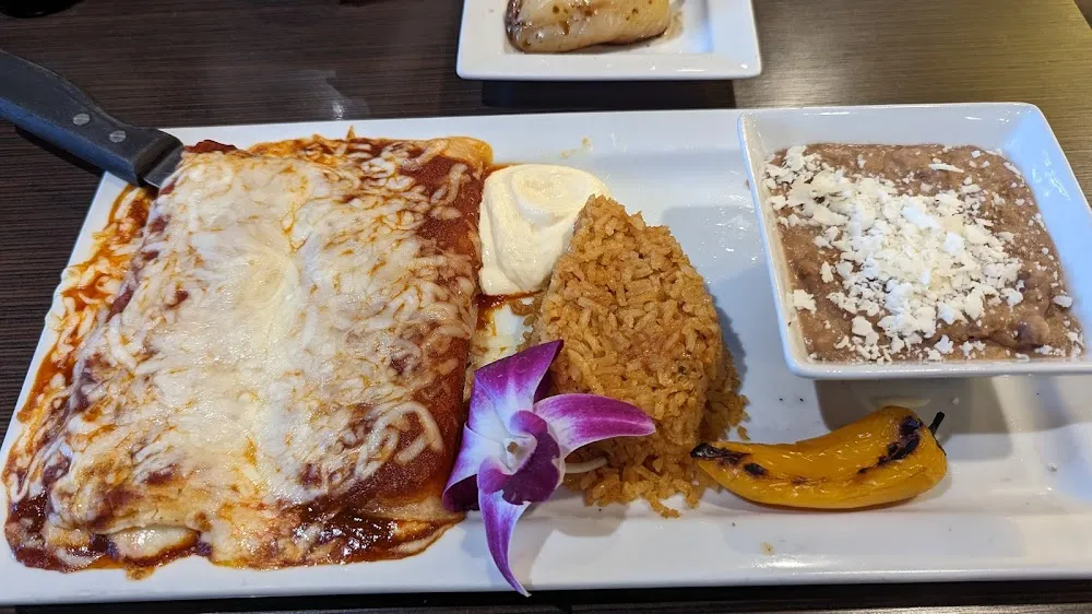 Wet Burrito Deluxe w Beans and Rice Carnitas for Meat Selection